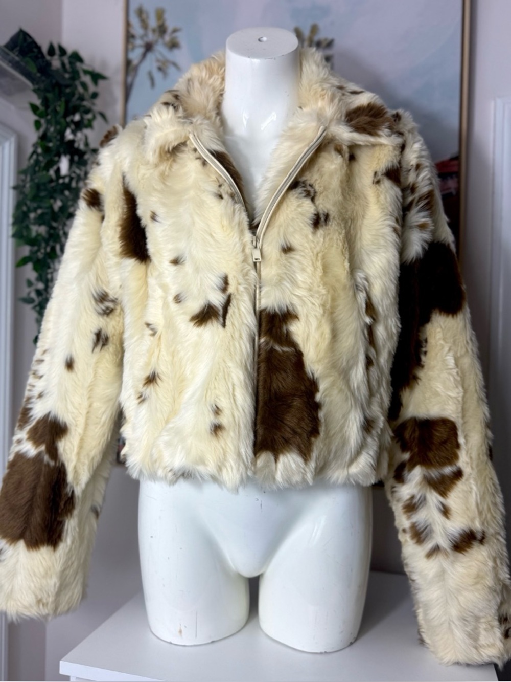 Zara Cow Print Faux Fur Jacket Cream Brown Cropped Teddy Coat Size Large Viral